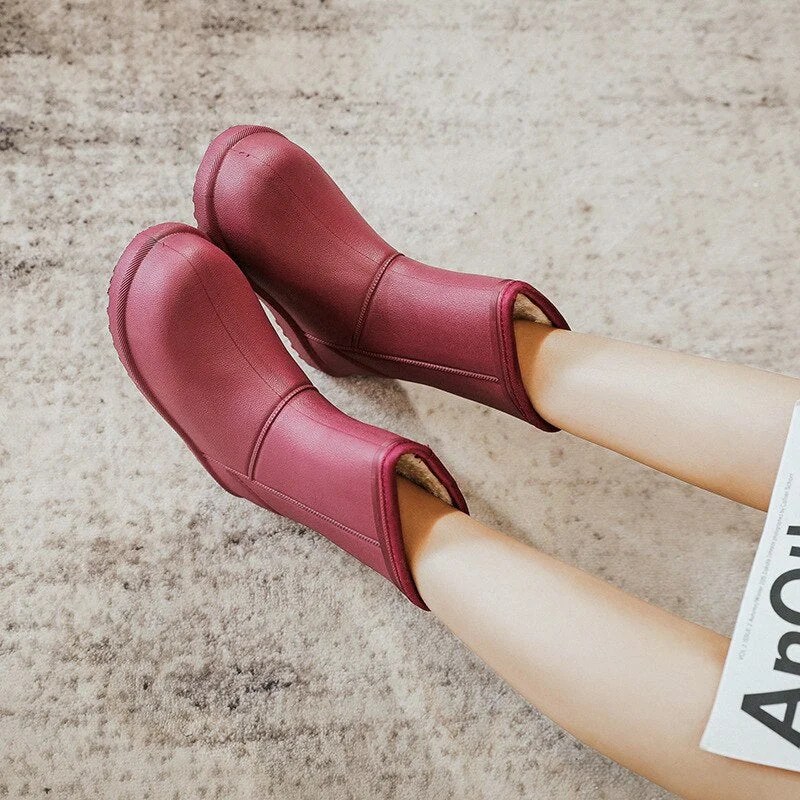 Winter Warm Plush Women Rainboots Solid Outdoor Waterproof Girls Fur Ankle Boots Slip-on EVA Ladies Rain Platform Shoes