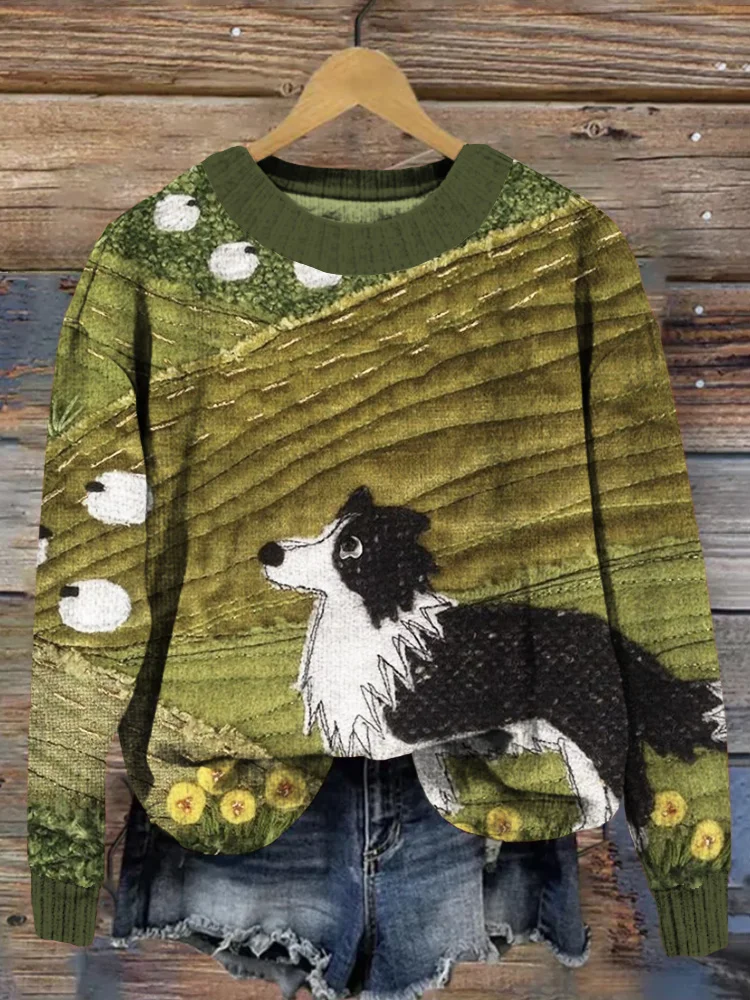 Sheepdog and Sheep Applique Art Cozy Knit Sweater