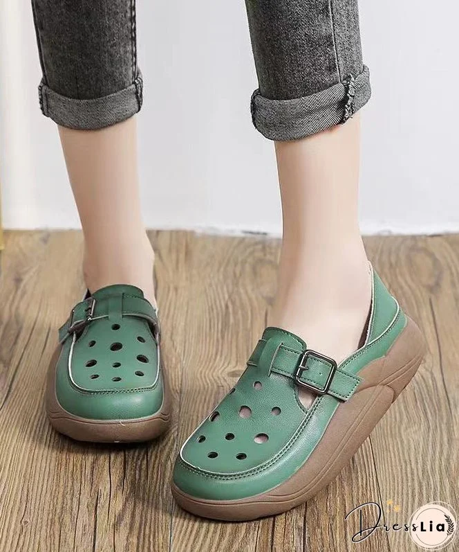 Green Cowhide Leather 2024 New Hollow Out Flat Shoes