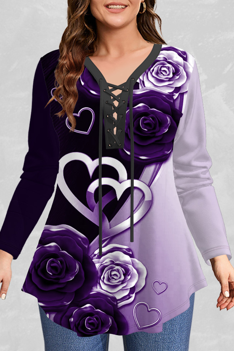 Flycurvy Plus Size Valentine'S Day Purple Floral Heart Shaped Print Patchwork Lace-Up Blouse