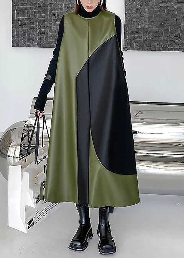 Style Army Green O-Neck Patchwork Zippered Party Long Waistcoat Dress Spring