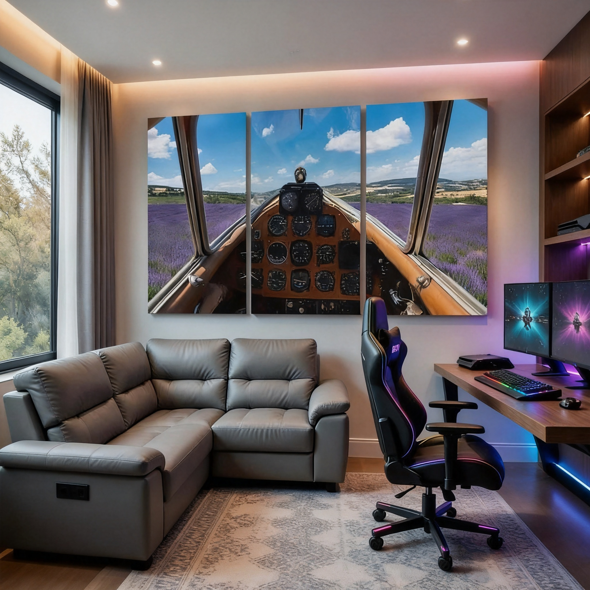 3-Piece Set Vintage Biplane Cockpit Over Lavender Fields Canvas Wall Art