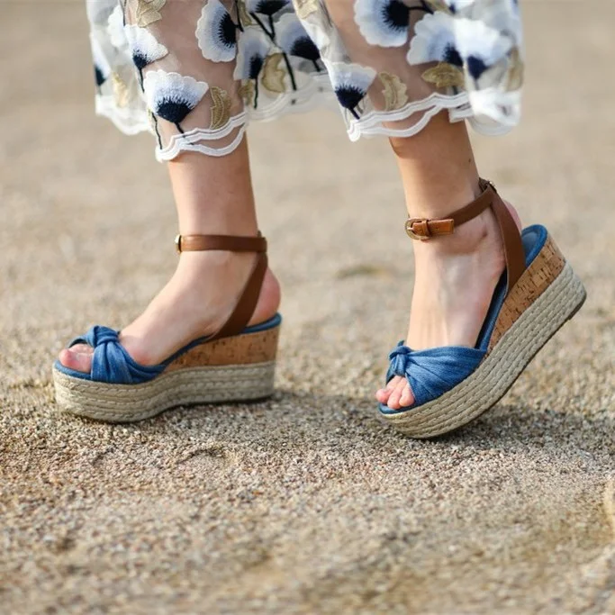 Blue Denim Vintage Jean Slingback Platform Sandals Vdcoo