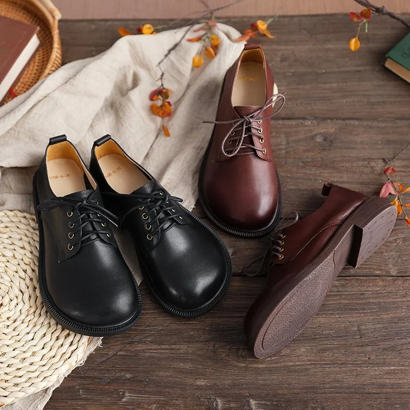 Retro Lace Up Leather Shoes Round Toe  Black/Coffee