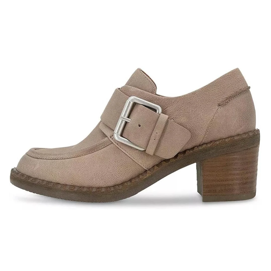 Taupe Buckle Strap Round Toe Loafer Shoes Women with Block Heel