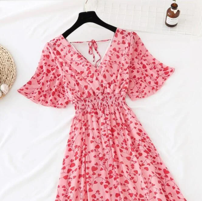 Summer Vintage Floral Chiffon Long Dress Sexy V-neck Ruffle Boho Dresses 2021 Elegant Women Party Short sleeve Dress Vestidos