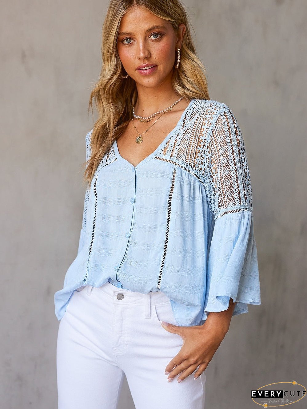 Casual Crochet-Detail Button-Up