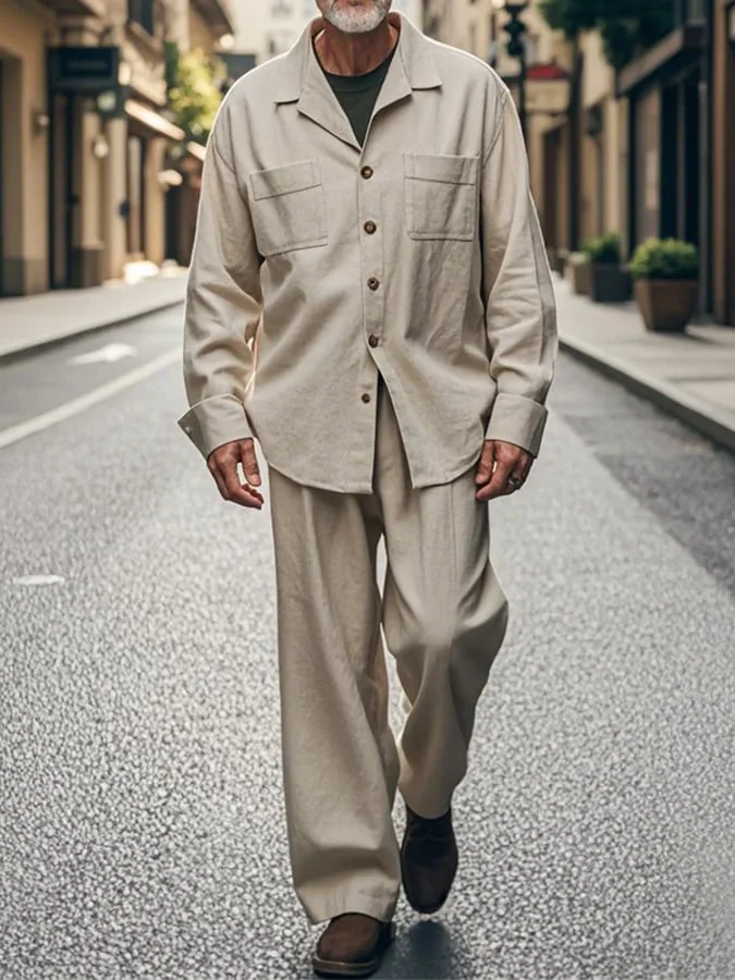 Men's Casual Solid Color Cotton And Linen Buttoned Long-Sleeved Trousers Suit With Pockets 
