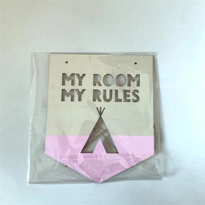 INS Wooden Positive Slogan Banner MY ROOM MY RULES Wood Chip For Kids Room Decoration Ornaments Wall Hanging Garland Photo Props