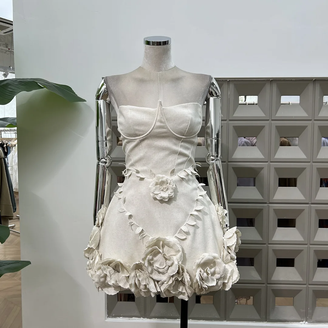 Brownm Exquisite Three-Dimensional Handmade Flower Brao Skirt Waist French Party Senior Heavy Industry Dress Princess Wind