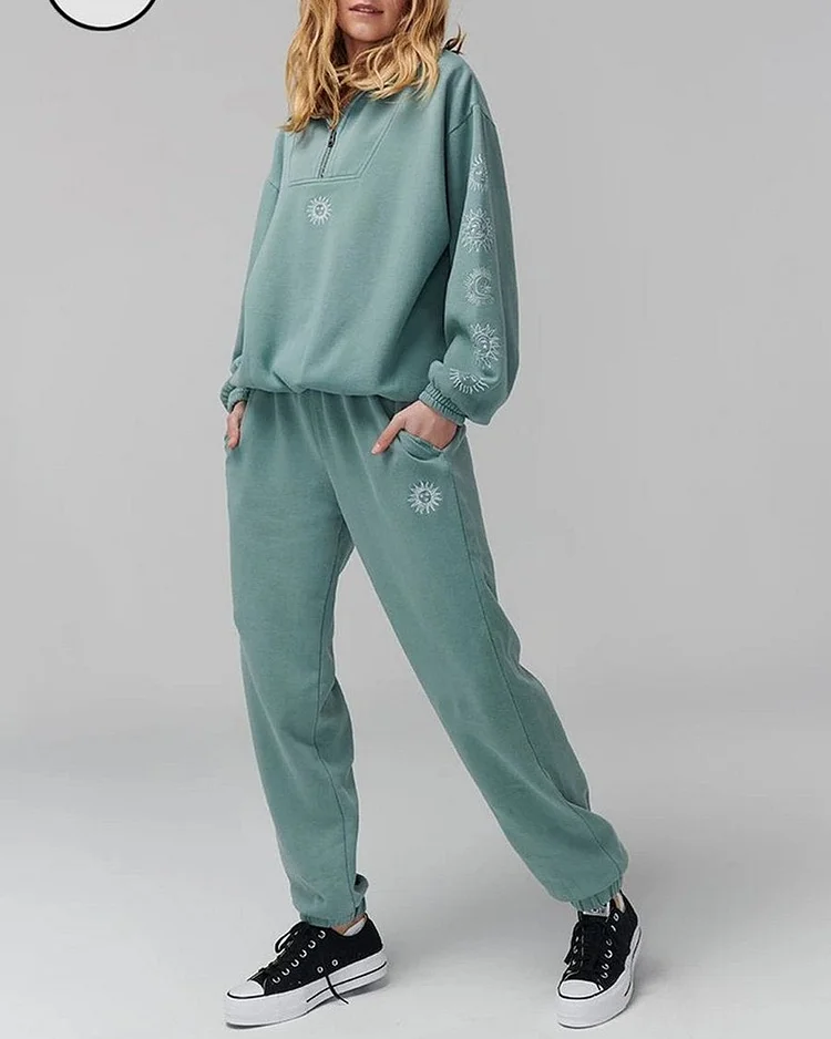 Embroidered Hoodie Pant Set Classic Tracksuit -Green