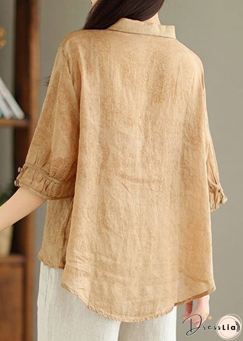 New Khaki Solid Button Print Linen Shirt Summer