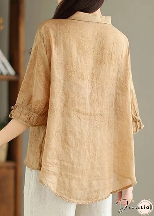 New Khaki Solid Button Print Linen Shirt Summer