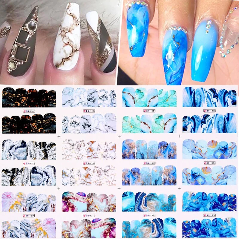 12pcs Gradient Marble Water Nail Stickers Flower Letter Leopard Cartoons Sliders For Nails Water Transfer Decals Decoration