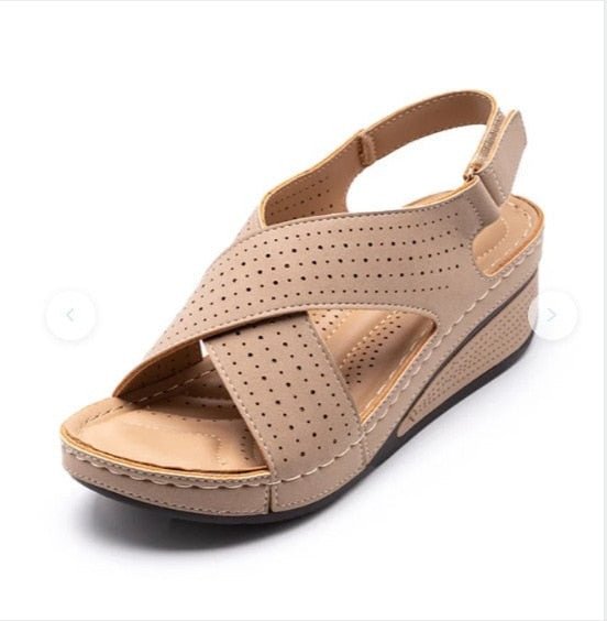 Women Shose Summer 2021 Casual Leather Sandals Velcro Retro Sandalis Women Plus Size Hollow Wedges Sandals