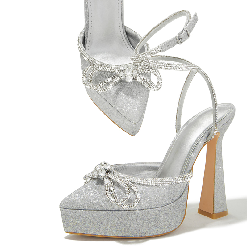 GOOSHOE Silver Platform Glitter Pump Pointed Stiletto Heels Rhinestones Bow Shoes
