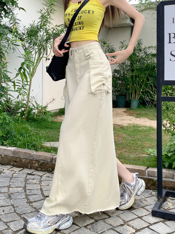 Raw Hem High Waist Cargo Pockets Casual Midi Skirt