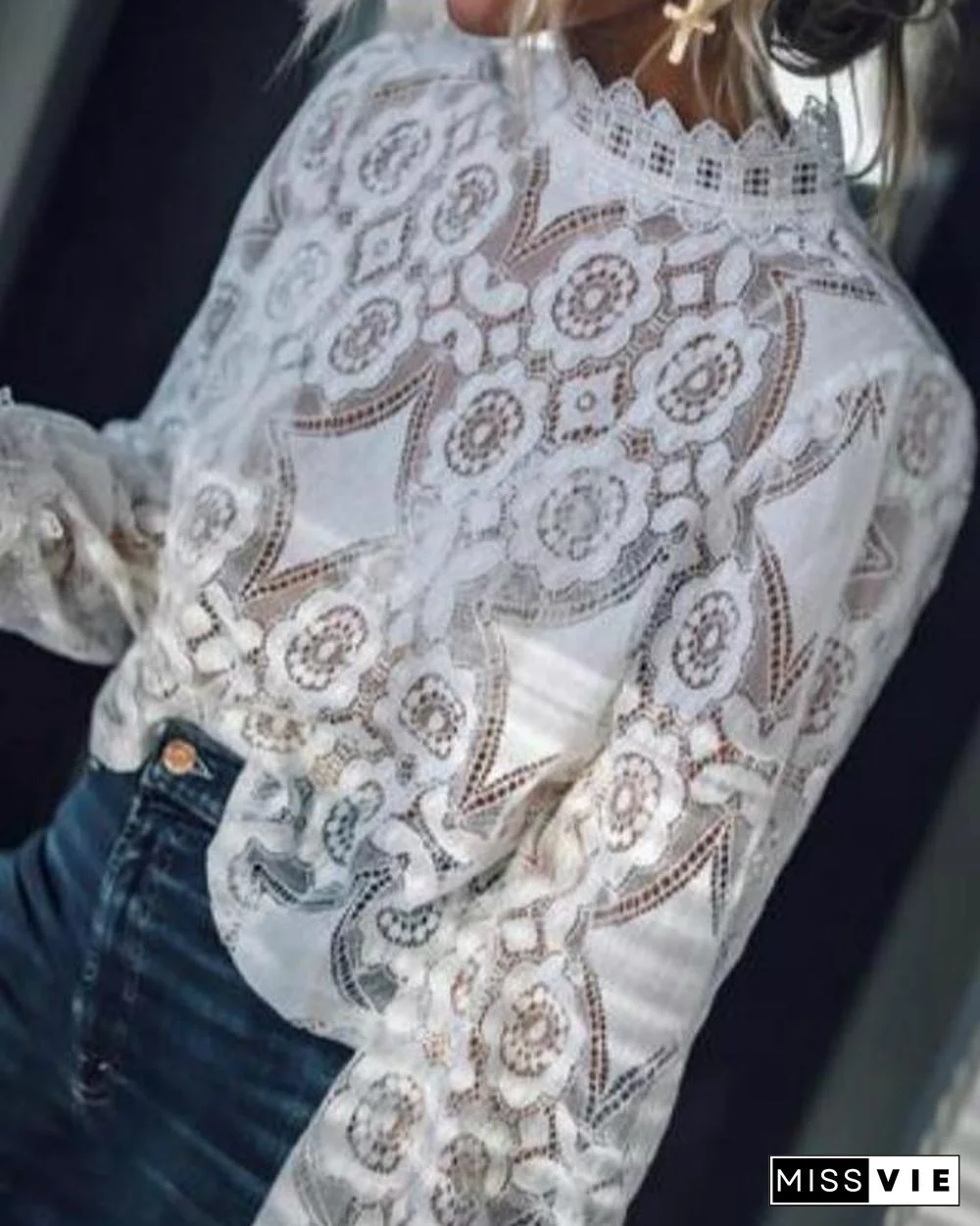 Fashion High Neck Long Sleeve Lace Blouses