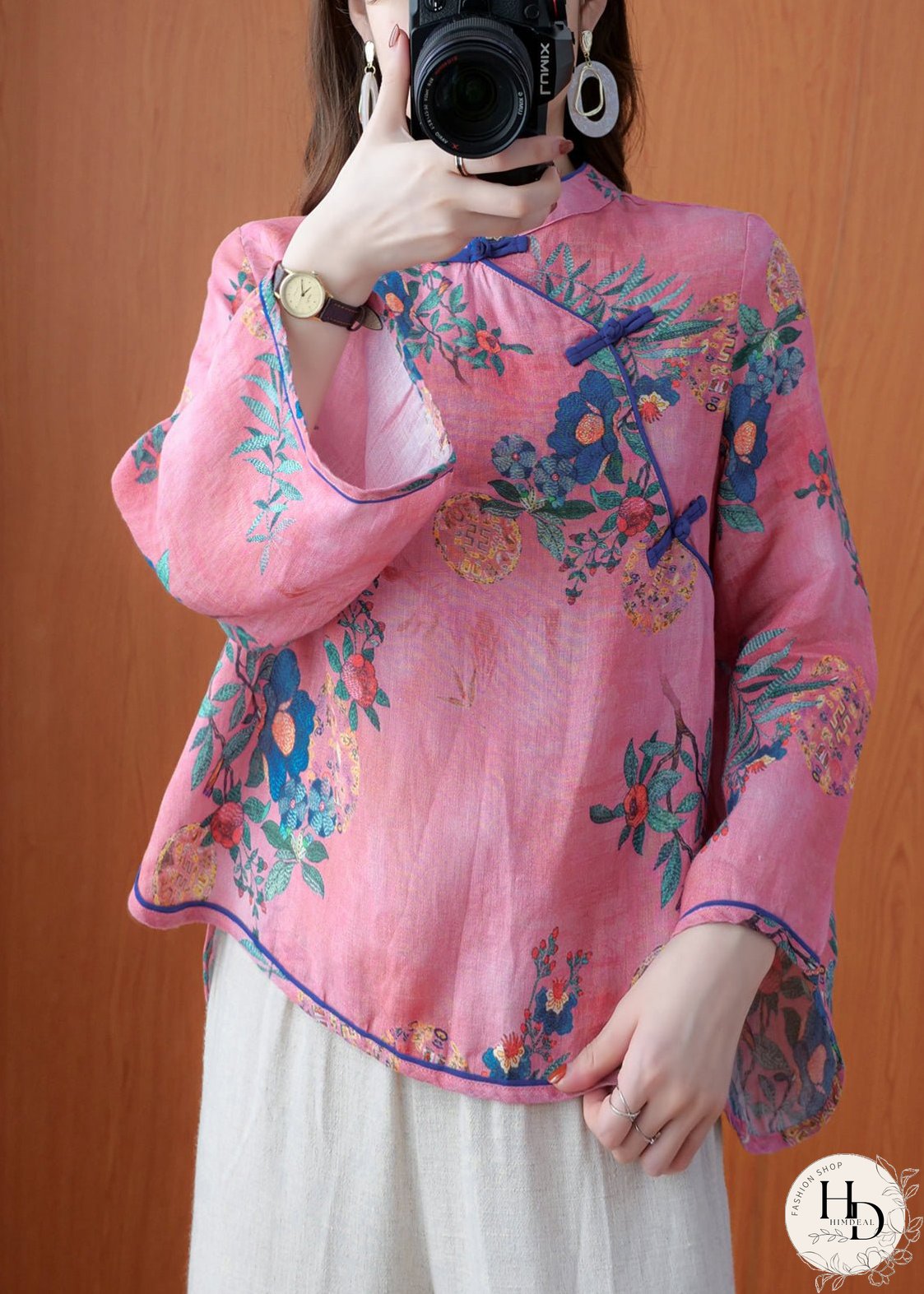 Vintage Pink Stand Collar Button Print Linen Shirt Top Long Sleeve