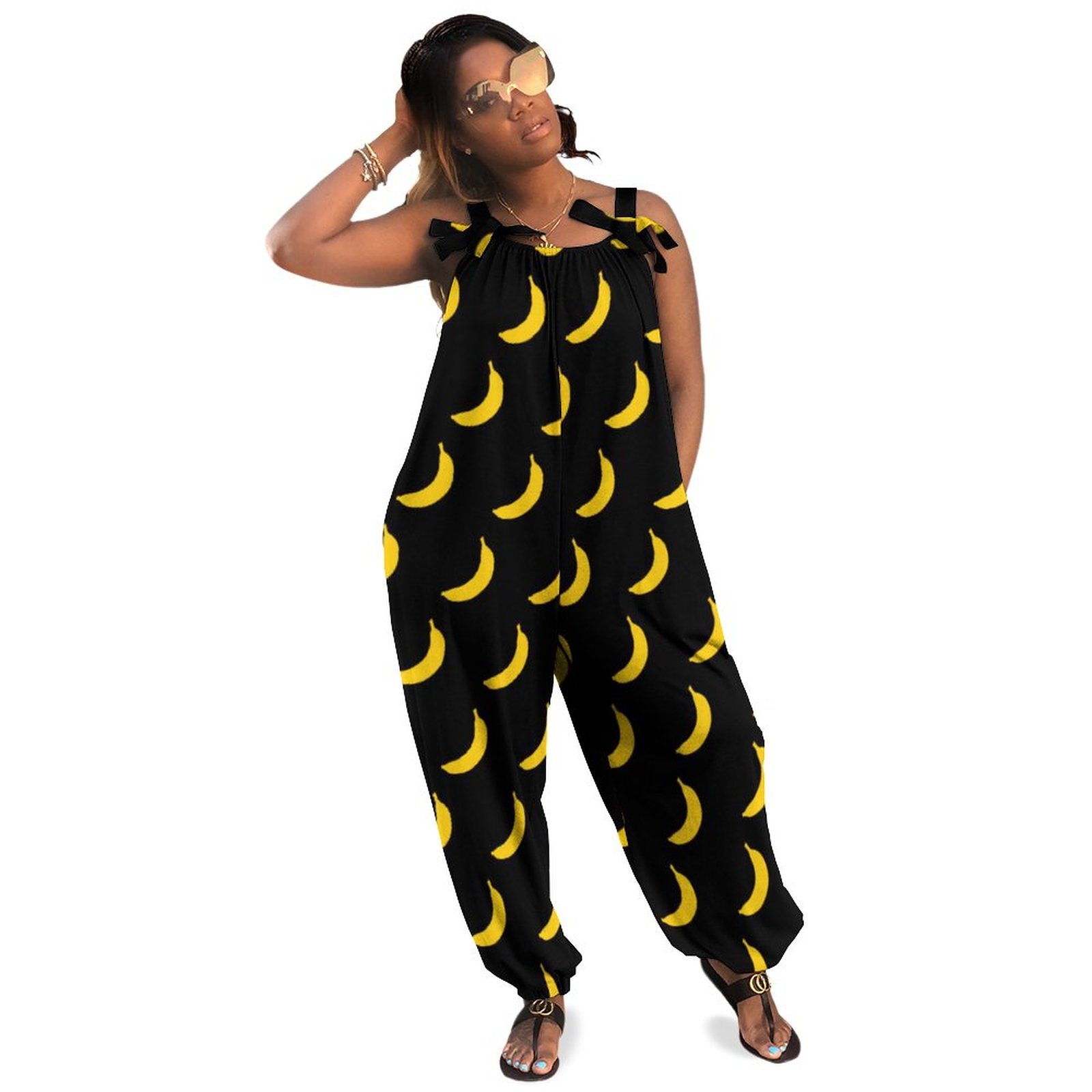 Cute Yellow Banana Print Plus Size Women Rompers Summer Casual Loose Thin Strap Jumpsuit Summer Rompers For Plus Size Teal Romper Boho Pockets