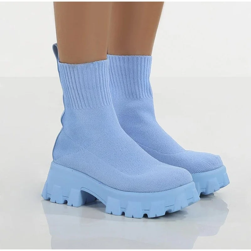 Women Ankle Boots Thick Bottom Knitted Woman Sock Shoes Elastic Fabric Fashion Female Short Boot Autumn Ladies Footwear 2021 New