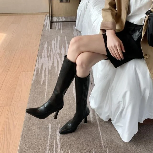 Chunky Pointy-Toe Boots Tall Heel
