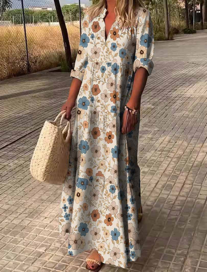 Women Floral, Khaki, Blue DZDN1131 SPU Printed Long Sleeve V-neck Maxi Dress