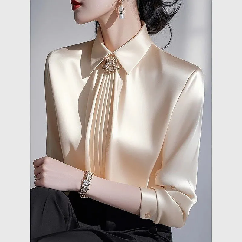 2025 Spring Autumn New Chic Shirt Women's Tops Fashion High Sense Super Nice Unique Beautiful Champagne Satin Shirts