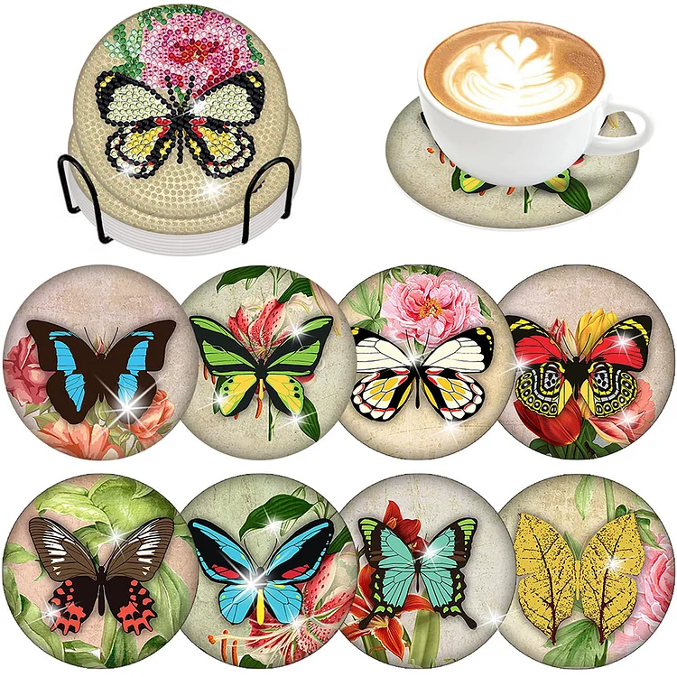 8PCS Acrylic Butterfly Owl Red Rose Diamond Painting Art Coaster Kit with Holder