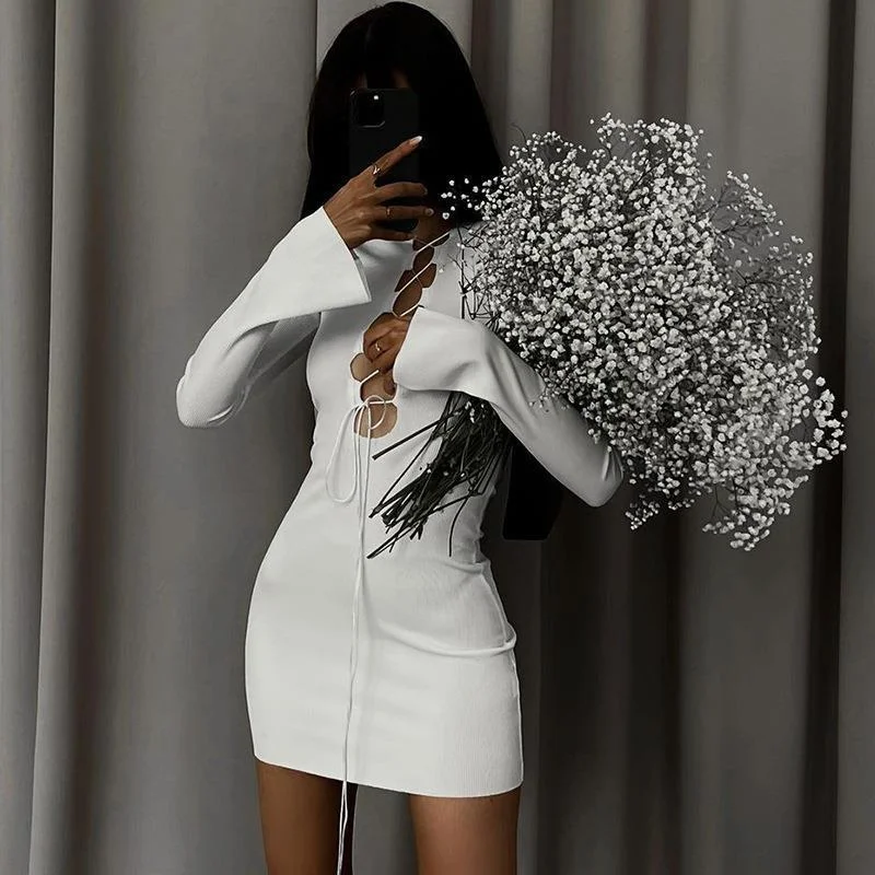 Uveng Uveng New Fall 2023 Women's Front Lace With Sexy Leaky Chest Solid Color Round Collar Long Sleeve Wrapped Hip Dress