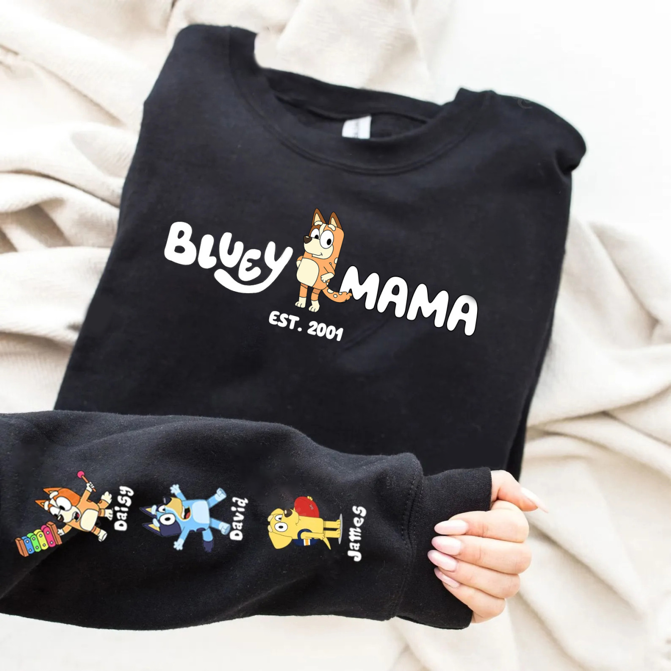 Loveyoufancy Custom Cartoon MAMA Sweatshirt with Kid's Name on Sleeve