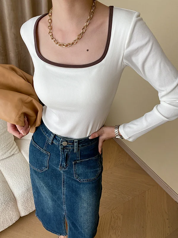 Contrast Color Skinny Long Sleeves Square-Neck T-Shirts Tops