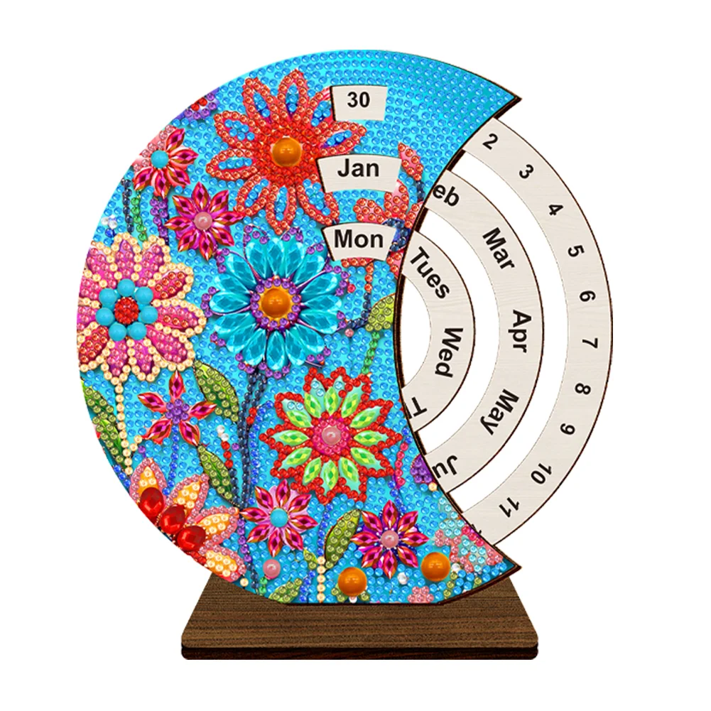 DIY Blooming Flowers Wooden Special Shaped Diamond Painting Moon Perpetual Calendar