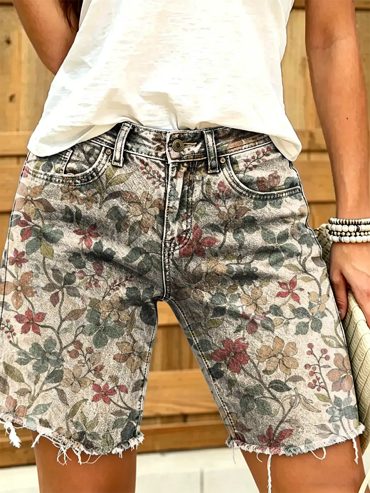 Ethnicity Flowers Women's Art Print Casual Denim Shorts