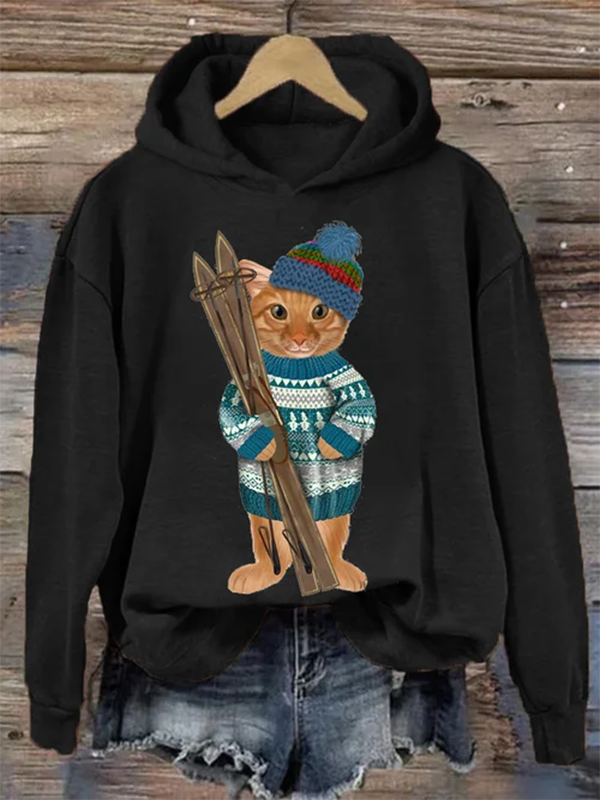 Women's Snowboard Sweater Cat Graphic Print Hooded Sweatshirt
