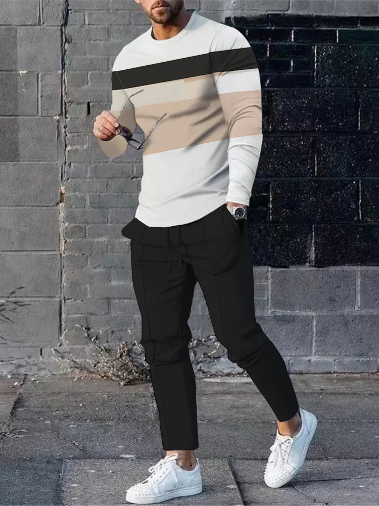 Men's fashion casual black print long sleeve two-piece set