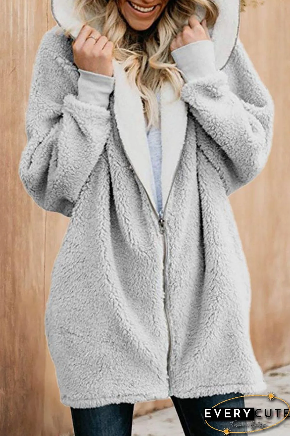 Fluffy Solid Color Hooded Coat P12047