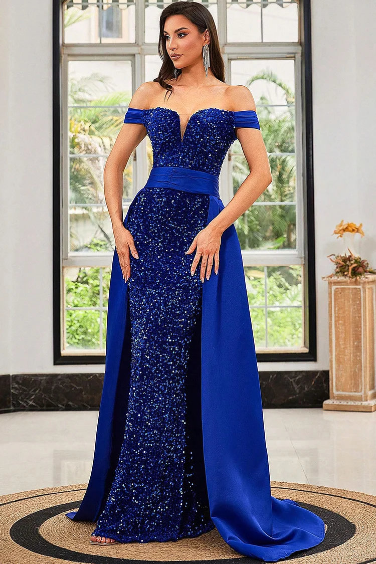 Sequin Off Shoulder Overskirt Mermaid Maxi Dress-Royal Blue