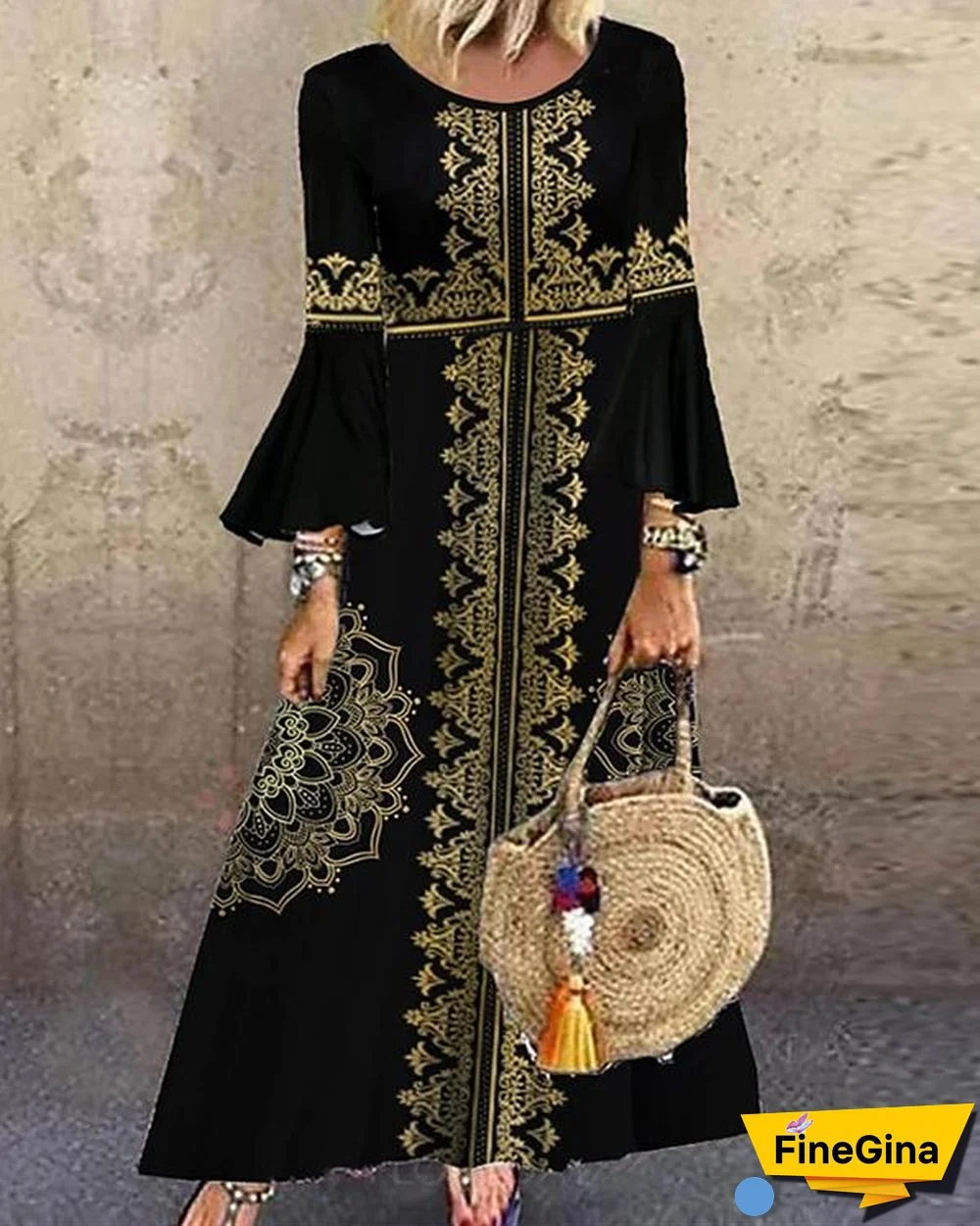 Vintage Print Round Neckline Flare Sleeve Maxi X-line Dress