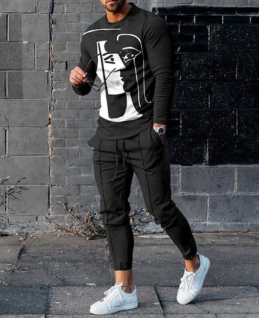 Two Tone Abstract Figure Sweatshirt & Pants Set