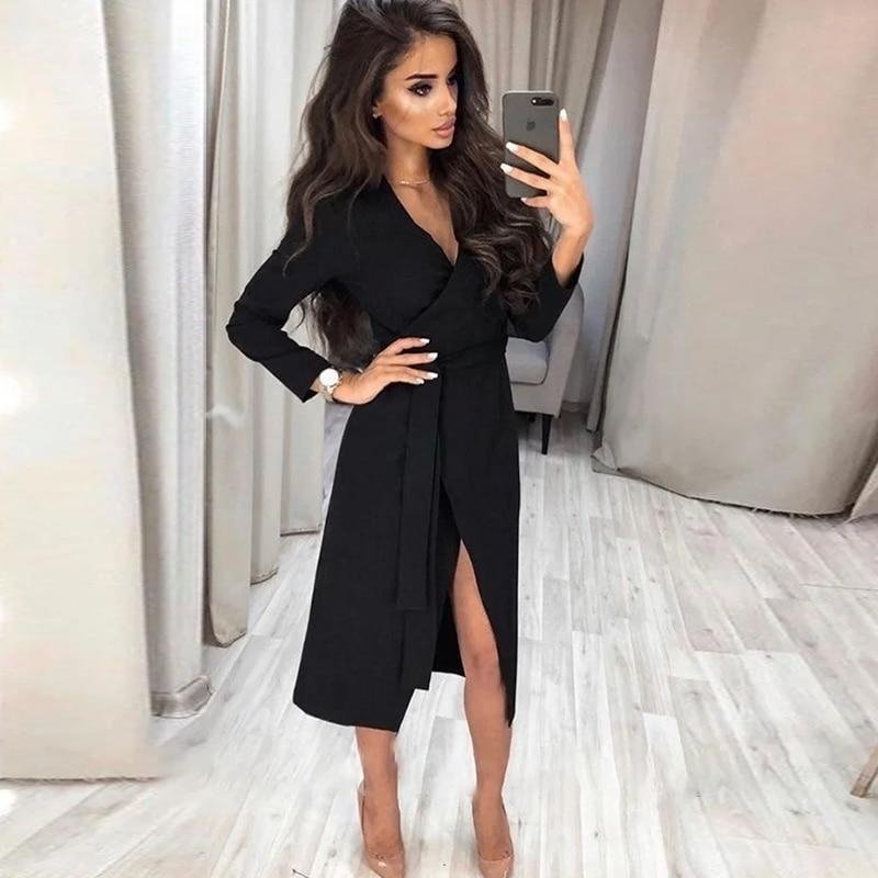 Women Casual Solid V neck Saches Long Sleeve Split Fork Mid Dress 2021 New Office Lady Spring And Autumn Sexy Party Mid Dress