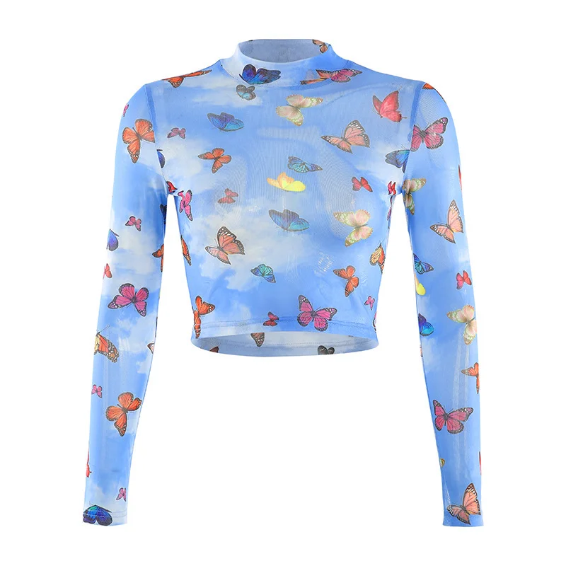Brownm Brownm Women's Mesh Hollow Out Butterfly Print Long Sleeve Crop Short T-Shirt Bottom Shirt Women
