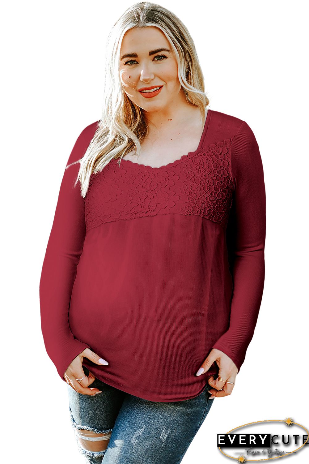 Red Lace Crochet V Neck Long Sleeve Top