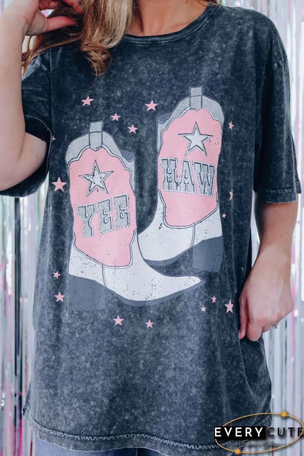 Black YEE HAW Boots Graphic Acid Wash Short Sleeve Top