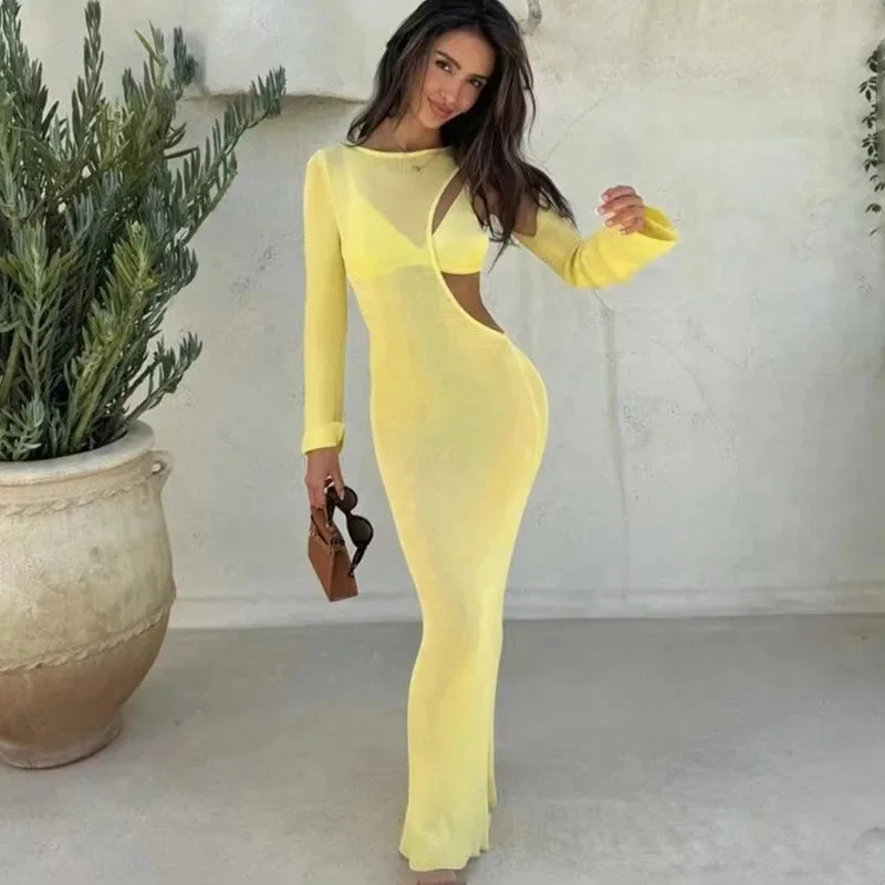 Toloer Ribbed Hollow Out Bralette Long Sleeve Maxi Dress-Outfit Ideas