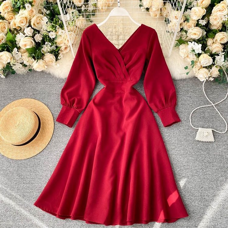 Cottagecore Fashion Long-Sleeve V-Neck Midi A-Line Dress SP17410