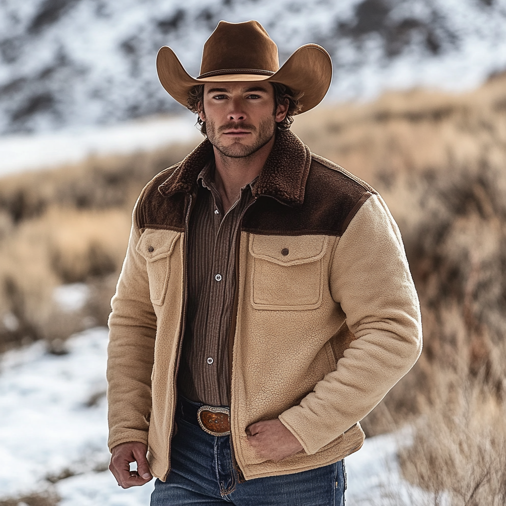 Men's Vintage Fleece Color Block Fur Lapel Collar Outdoor Jacket-inspireuse