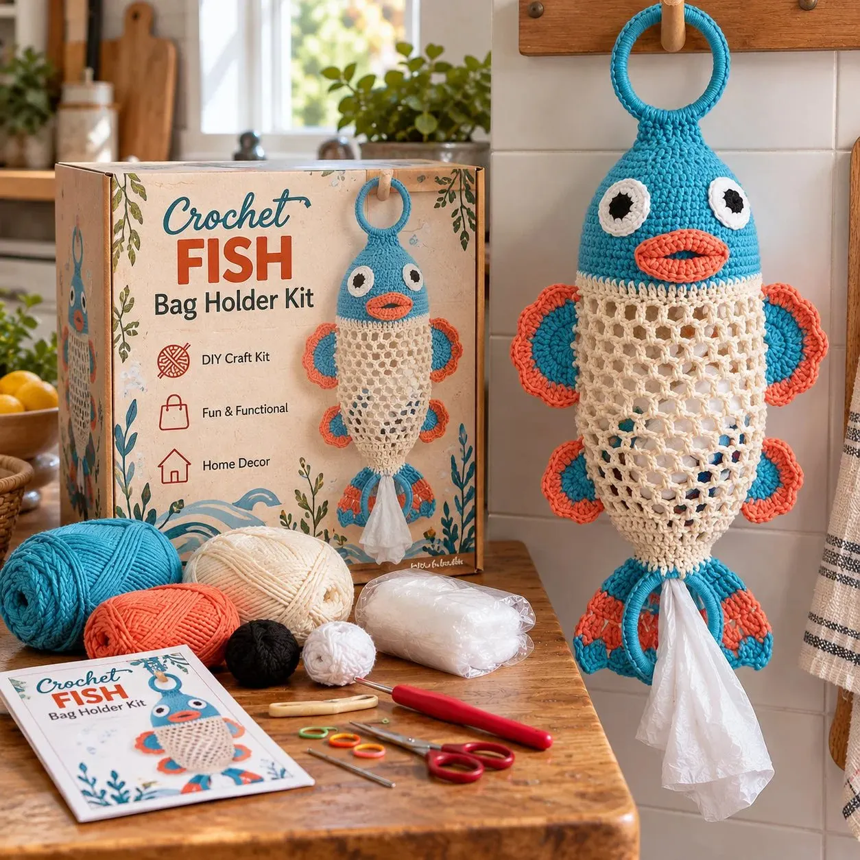 Crochet animal grocery bag holder detail
