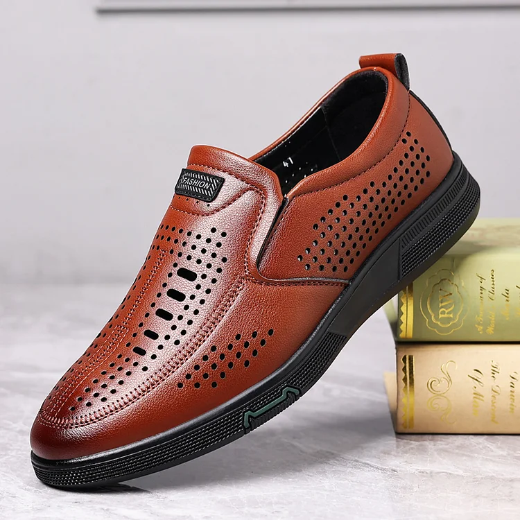 Kasomalang Summer Men's Genuine Leather Sandals Fashion Casual Non slip Large Hollow Soft Leather Breathable Casual Soft Sole Men's Sandals