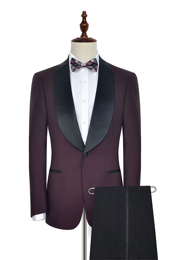 Burgundy Classic Black Shawl Collor One Button Wedding Suits for Men | Ballbellas Ballbellas